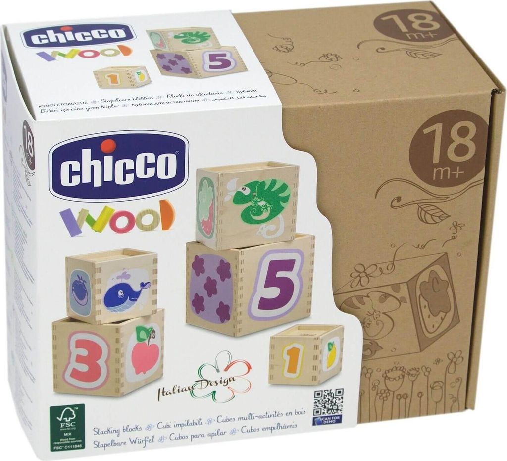 chicco stapelbare Holzwürfel Farben Zahlen Früchte lernen Holz