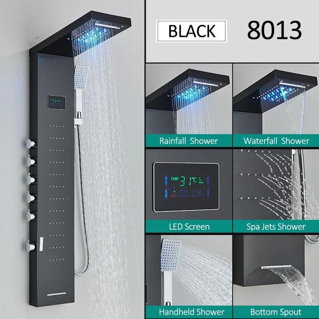 Duschpaneel - Duschsäule 8013 - Regen- & Wasserfall - LED-Beleuchtung - Massagejets - Edelstahl - 3 Regler - Pflaumenlila