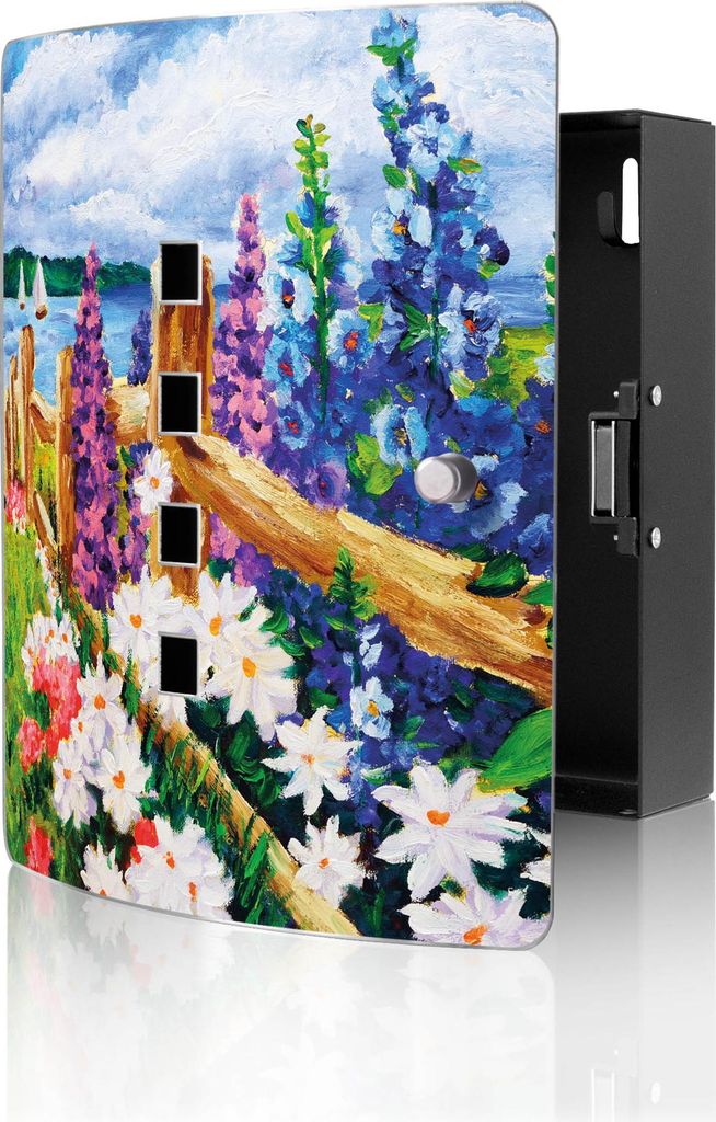 banjado Design Schlüsselkasten aus Edelstahl für 10 Schlüssel, Schlüsselschrank 24 x 21,5 x 7cm groß mit Magnetverschluss, Malve Am See [BWSK ...
