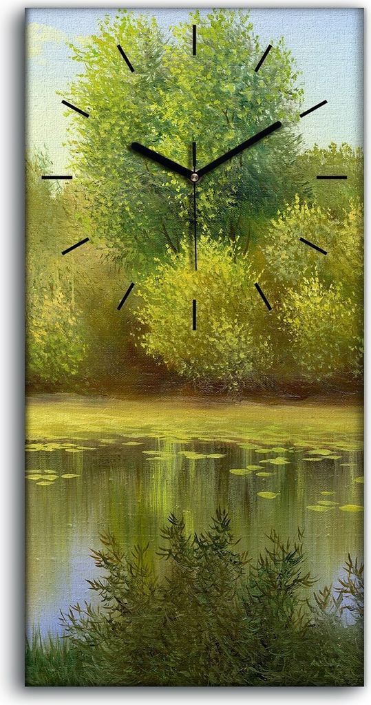 Wanduhr Bürouhr Leinwand Bild Geräuschlos 30x60 Waldlandschaft Holzsee Wasser - schwarze Hände