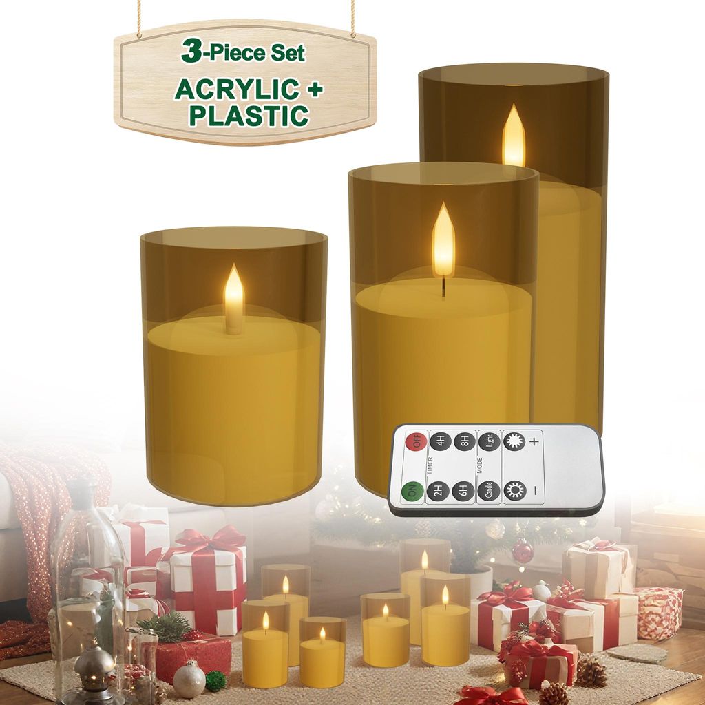 LZQ LED Kerzen 9er Set Gold, Flammenlose Säulenkerzen Ø7,5 x 10/12,5/15 cm, Fernbedienung, Timer, Batteriebetrieben, Flackernd, Indoor&Outdoor
