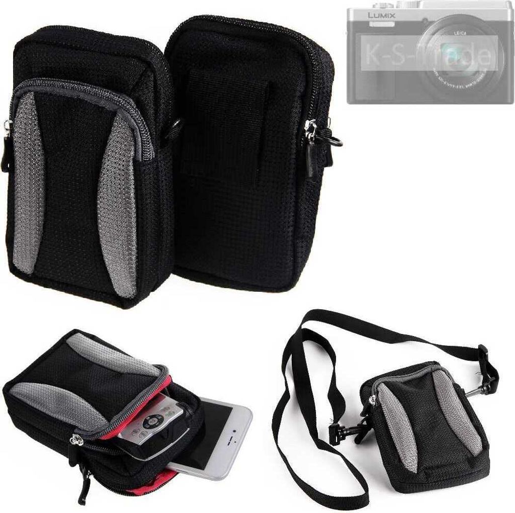 K-S-Trade Fototasche kompatibel mit Panasonic Lumix DC-TZ96D Gürtel-Tasche Holster Umhänge Tasche Kameratasche, schwarz-grau Brust-Beutel