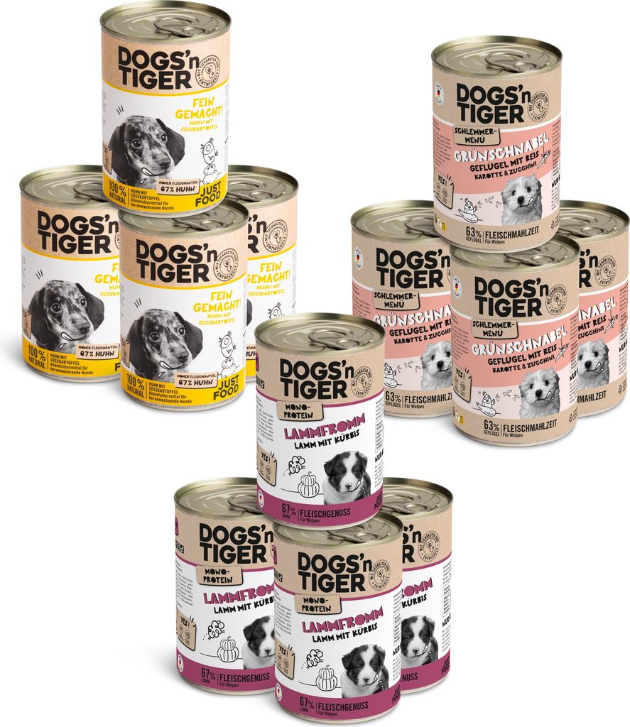 Dogs’n Tiger Junior Hundefutter, Nassfutter, Getreidefrei, Mixpaket Happy Puppy, Welpen Futter, Geflügel & Lamm, 12tlg-Set