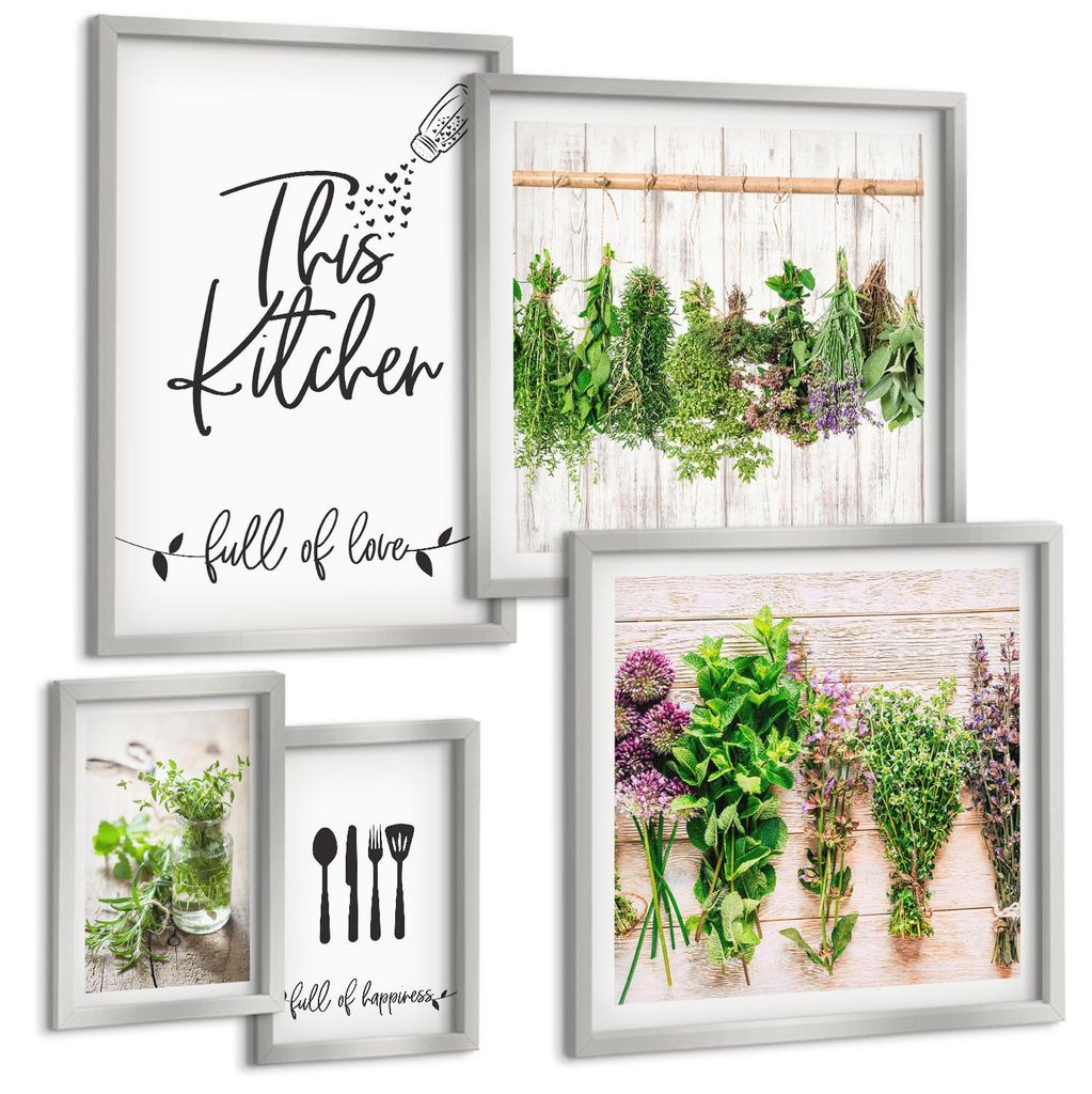 Bilder Set 5-teilig im silbergerahmten Rahmen – Wandbilder 5 Stück – gerahmte Poster für Wohnzimmer, Schlafzimmer und Flur – 50x50 cm - 40x...