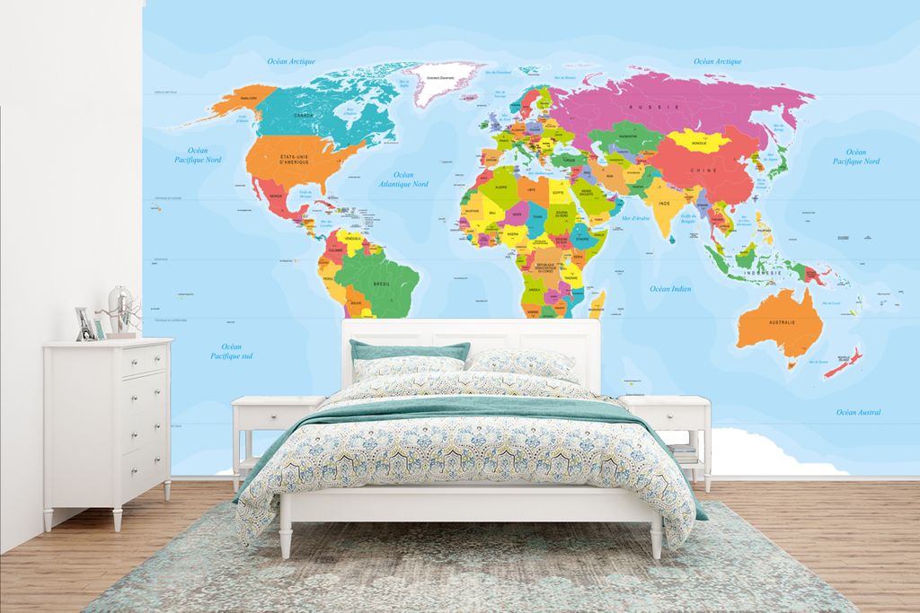 MuchoWow Fototapete für Wohnzimmer oder Schlafzimmer Wandtapete Vinyl Motivtapete Französische Weltkarte - Farben - Einfach - 435x260 cm - Kind...