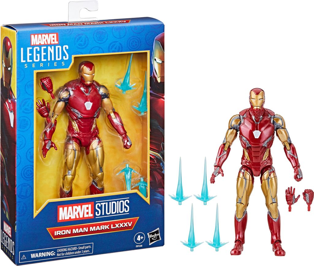 A Hasbro Marvel Legends Series Iron Man Mark LXXXV action figure in its packaging, with a separate figure and accessories shown next to it.