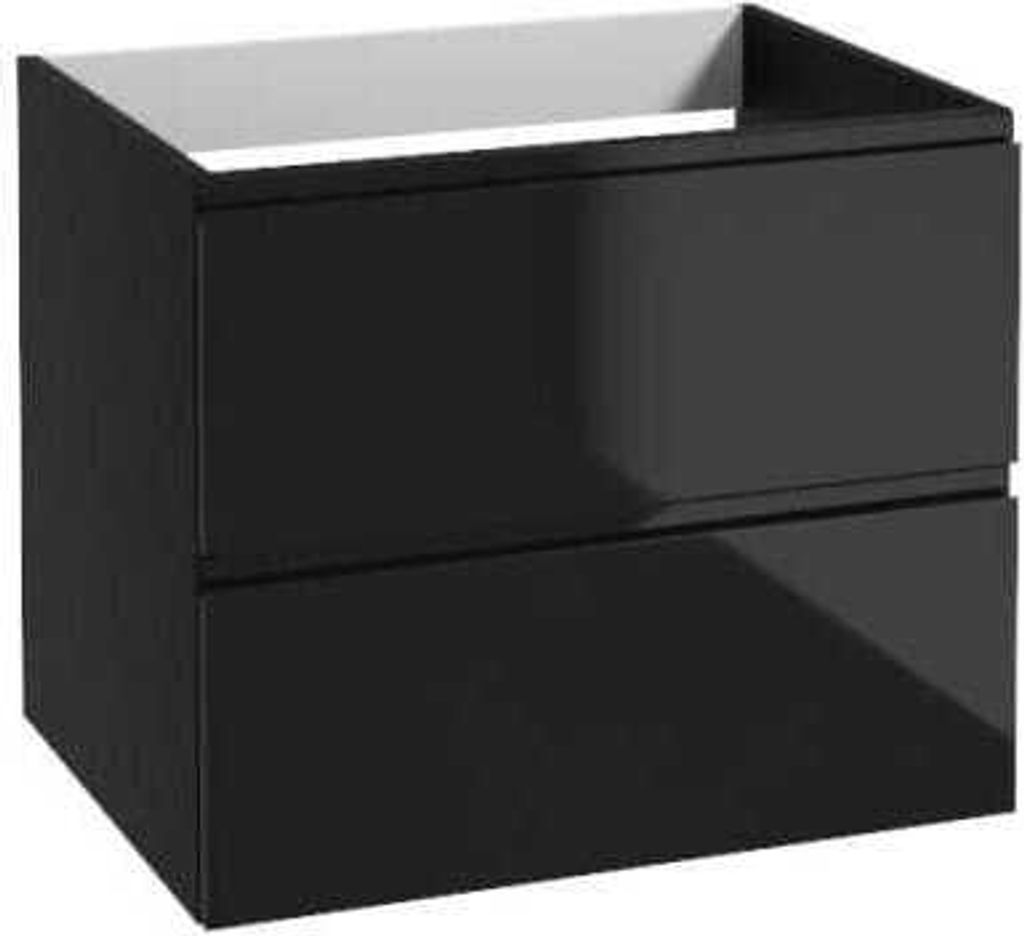 A black bathroom cabinet with two drawers is shown against a white background.