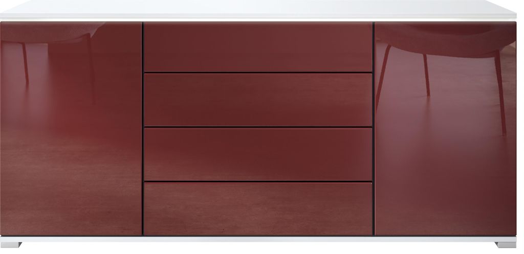 Vladon Sideboard Faro V2 - Kommode mit 2 Türen & 4 Schubladen, Schrank mit LED Lichtleiste, Weiß matt / Bordeaux Hochglanz (166,5 x 75,5 x 35)