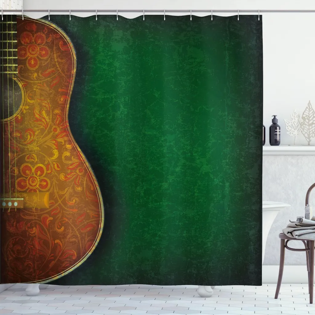 ABAKUHAUS Tenda da doccia con chitarra, motivo floreale vintage con strumento acustico e motivo murale, 175 x 240 cm, smeraldo arancione giallo