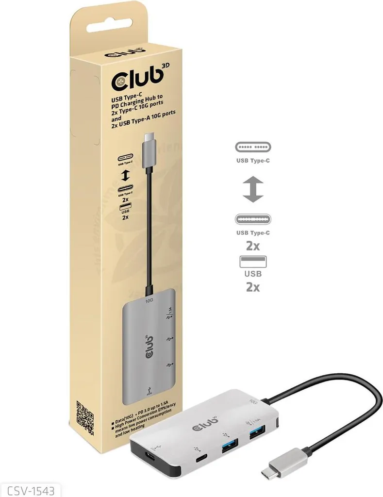 Hub USB C Club3D CSV-1542: 4 Porte 10Gbps per Smartphone e Laptop