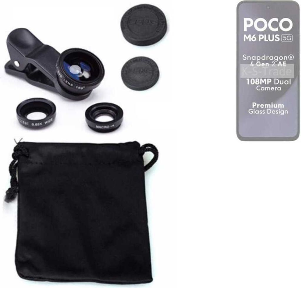 K-S-Trade Smartphone Kamera Linsen Set Kompatibel mit POCO M6 Plus 5G 3in1 Clip-On Kamera Adapter Macro Weitwinkel FishEye Fischauge Objektiv Linse