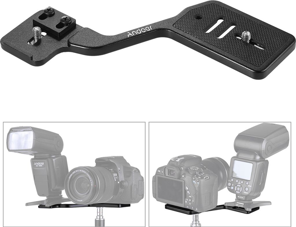 A product shot of a camera bracket with two smaller images showing its use with a camera and flash.
