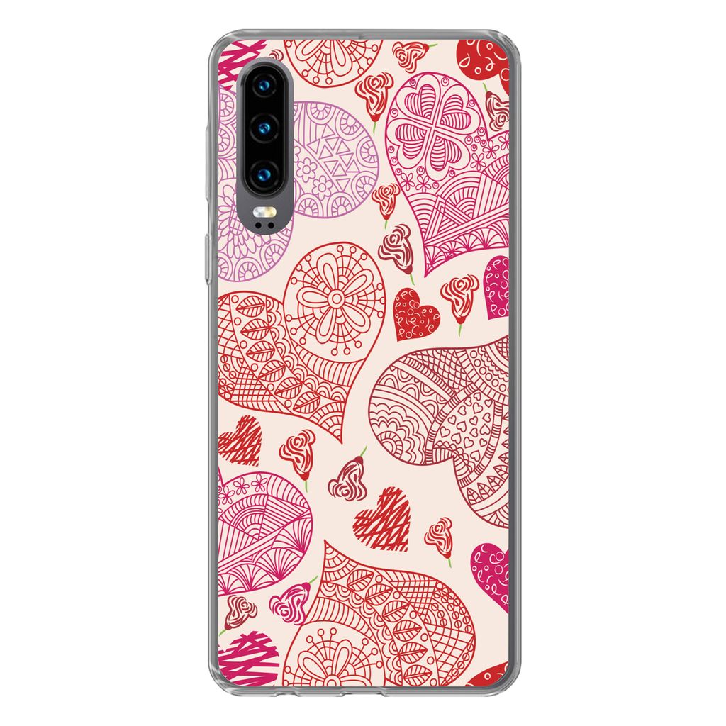 MuchoWow Handyhülle Schutzhülle Hülle für Huawei P30 Eine Illustration mit rosa und roten Herzen Silikon Softcase Handy Hülle - Kartenbesitzer