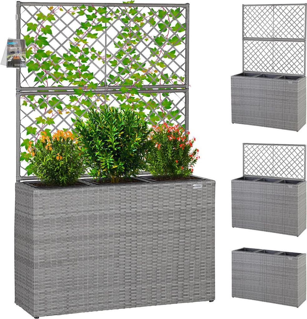 A gray rattan-style planter box with a trellis and plants, shown with smaller inset images of the planter box.