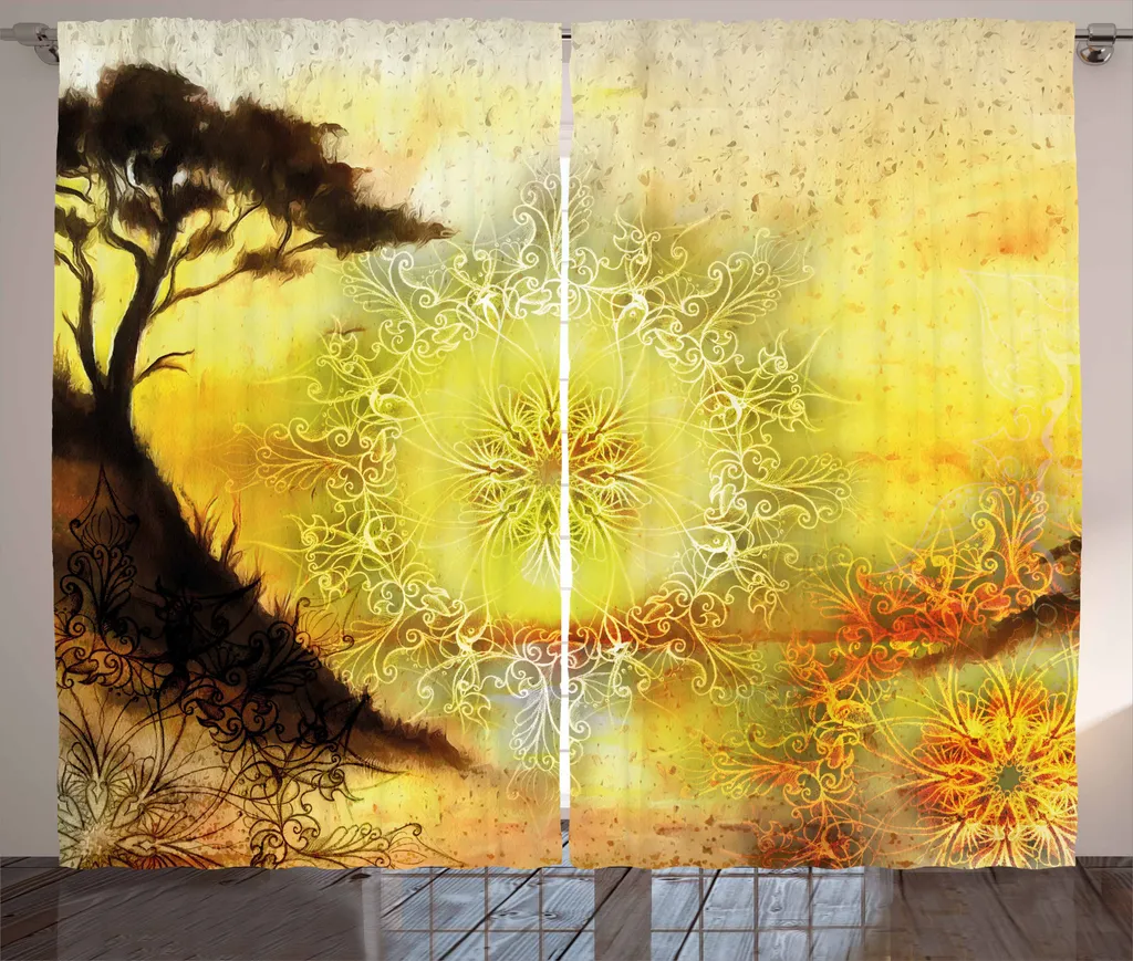 Rideau rustique mandala jaune 280x225 cm pour une déco chaleureuse