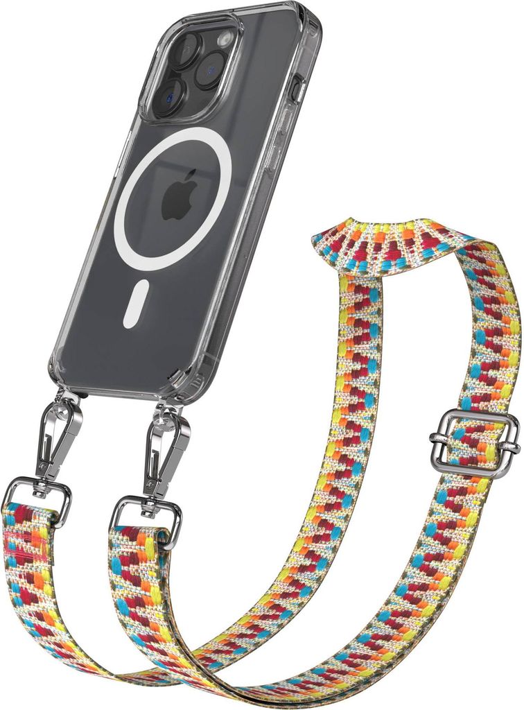 EAZY CASE - Handykette mit MagSafe Hülle für Apple iPhone 15 Pro, Handyband ZickZack Style, Karabiner Silber, Umhängeband in Bunt