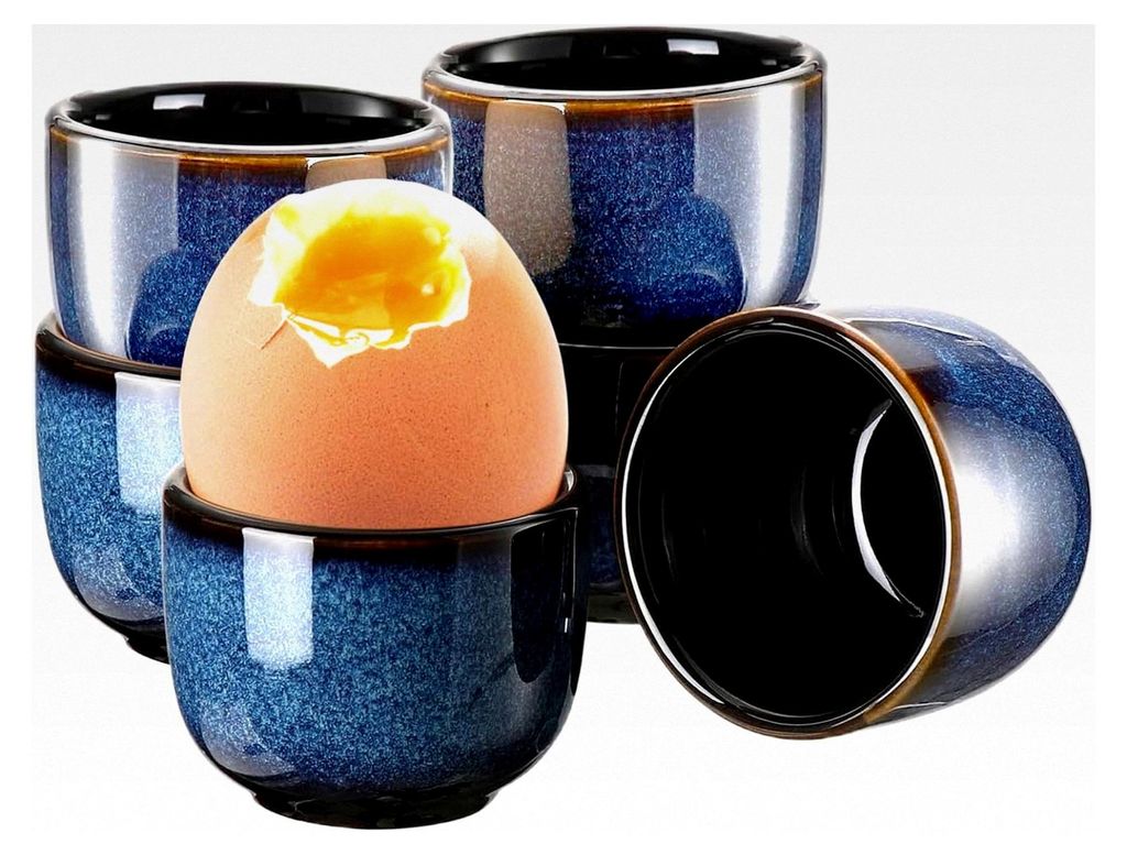 6er Set Eierbecher aus Keramik, Vintage Blau, Hochwertige Keramik mit Glänzender Oberfläche, Eierbecher Set für alle Eigrößen, Blaues Design m...