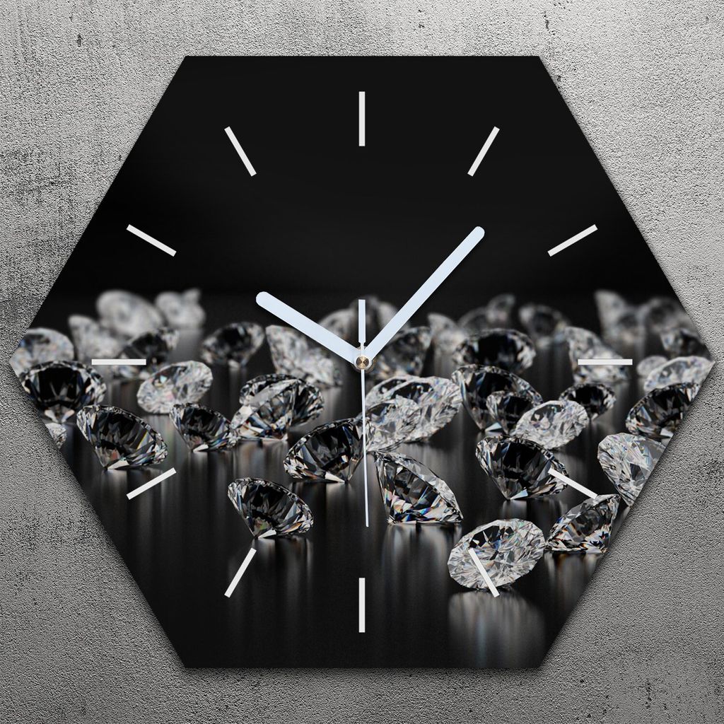 Uhr hexagonal 40 cm Glas Geräuschlos weiße Zeiger - Diamanten Edelsteine