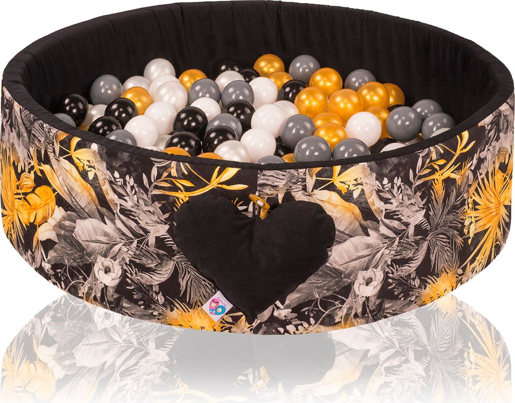 H&F Heimtextilien Bällepool Mit Bällen | Bällepool Für Babys Kinder 98x30cm | Farbe: Schwarz mit Blumen | 300 Stück ∅ 7cm Gold Bälle für B...