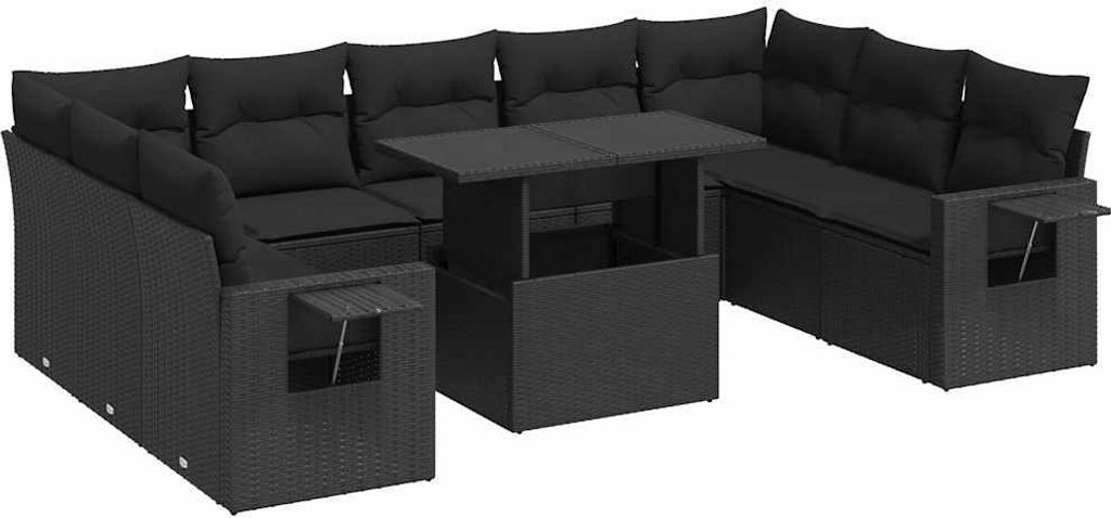 vidaXL 10-tlg. Garten-Sofagarnitur mit Kissen Schwarz Poly Rattan