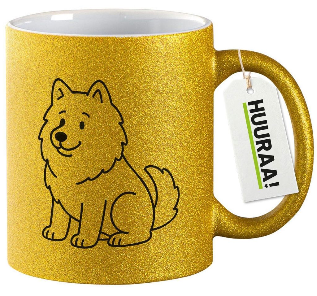 Huuraa Glitzertasse Samojede Comic Samo 330ml Gold Keramik Kaffeebecher Geschenkidee