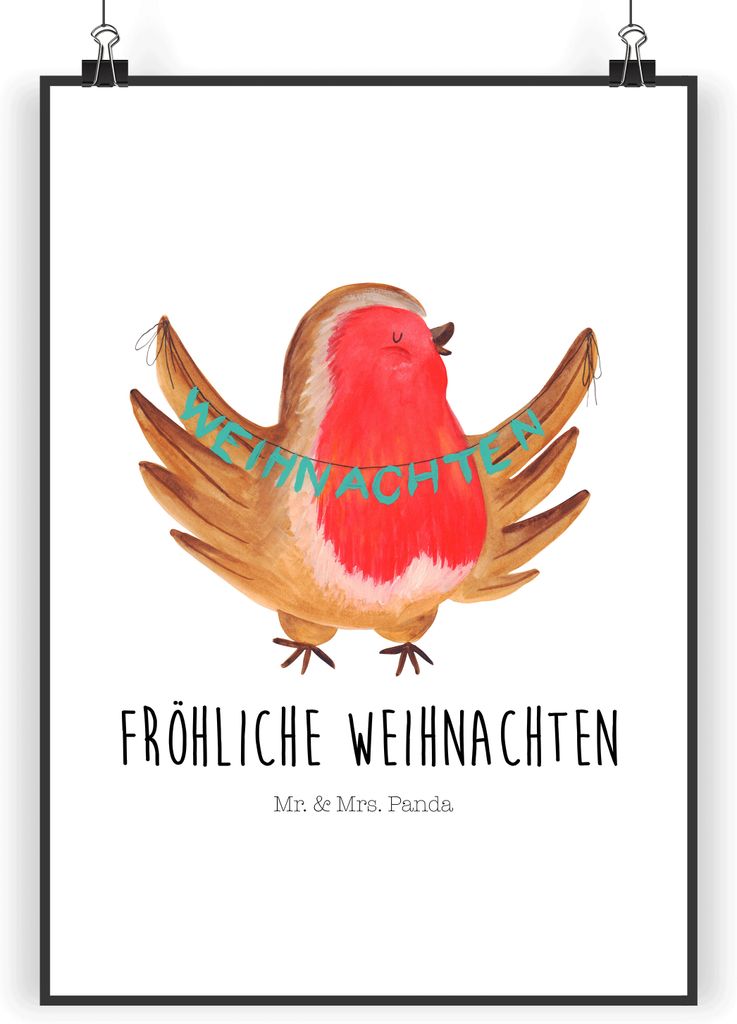 Mr. & Mrs. Panda Bild Rotkehlchen Weihnachten DIN A4 - Weiß - Geschenk, Heiligabend, Winter, Plakat, Deko, Wandbild, Frohe, drucke, Vogel, wanddek...