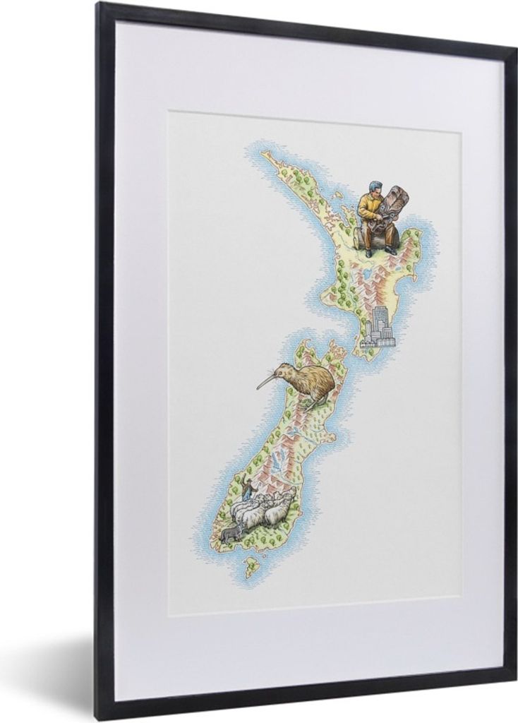 MuchoWow Gerahmtes Poster Eine Illustration einer Karte von Neuseeland 40x60 cm - Poster mit Schwarzem Bilderrahmen Wandposter Rahmen Foto Bilder...
