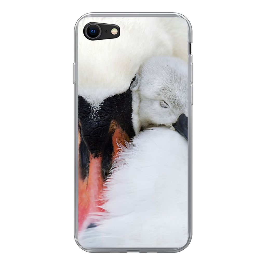 MuchoWow Handyhülle Schutzhülle Hülle für iPhone SE 2020 Nahaufnahme eines Schwans mit Jungen Silikon Softcase Handy Hülle - Kartenbesitzer