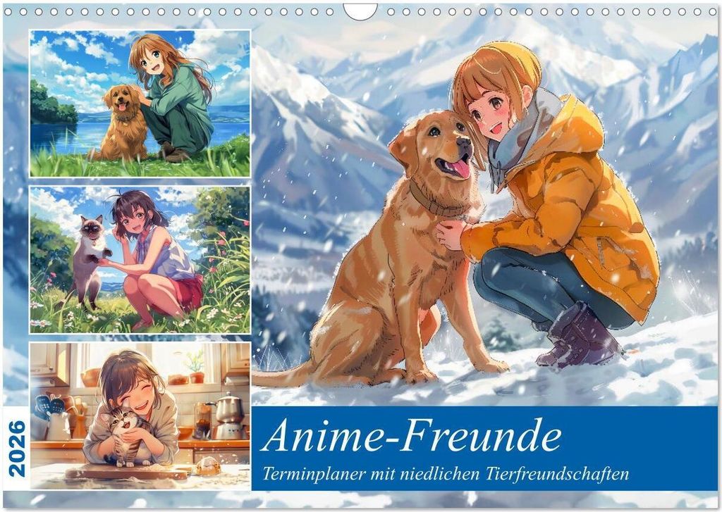 Anime-Freunde - Terminplaner mit niedlichen Tierfreundschaften (Wandkalender 2026 DIN A3 quer), CALVENDO Monatskalender