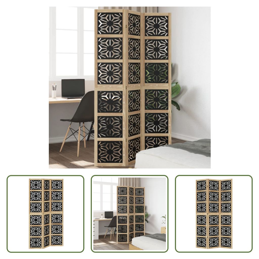 The Living Store 3-tlg. Raumteiler Braun und Schwarz Massivholz Paulownia