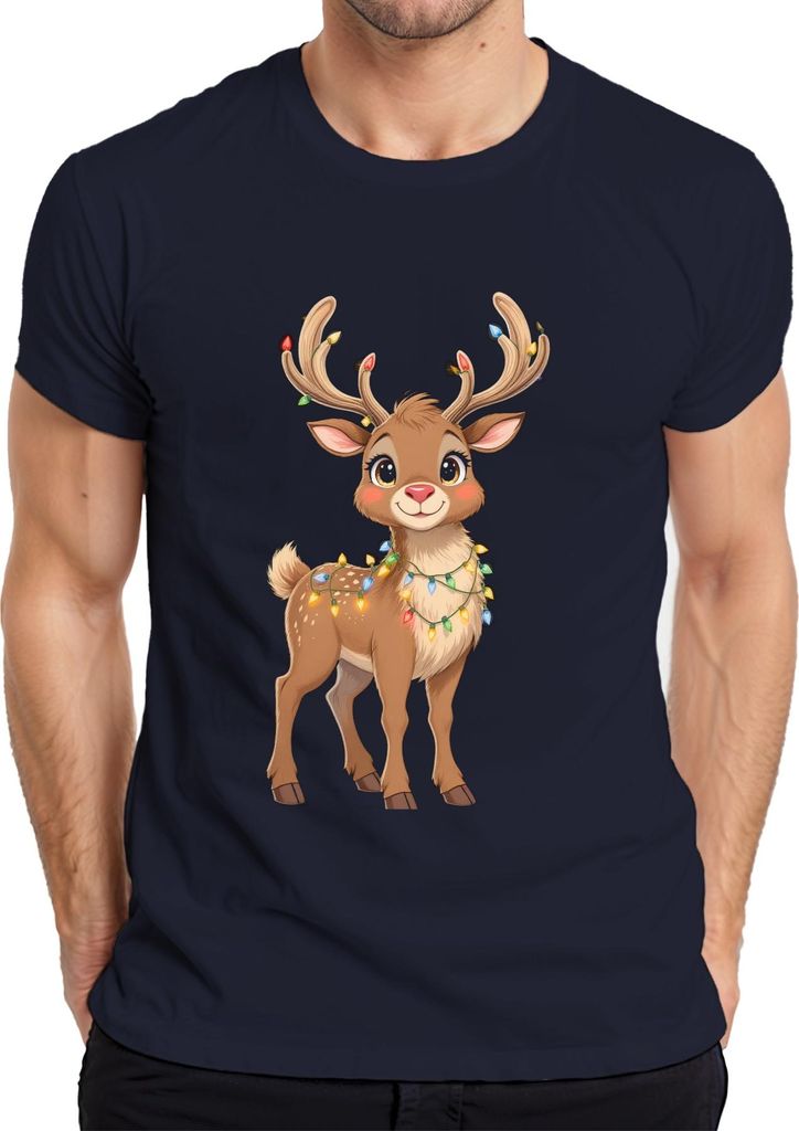 Weihnachtsrentier Lichterkette niedlich Cartoon Kinder Geschenk Herren T-Shirt, Navy, XL