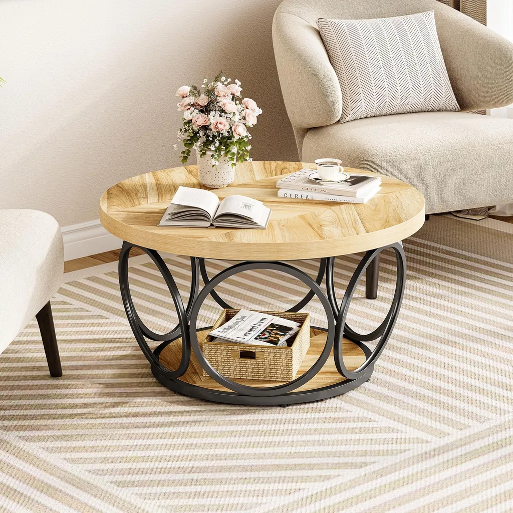 Table Basse Ronde 80 cm de Style Rustique Marron avec Double Tablette