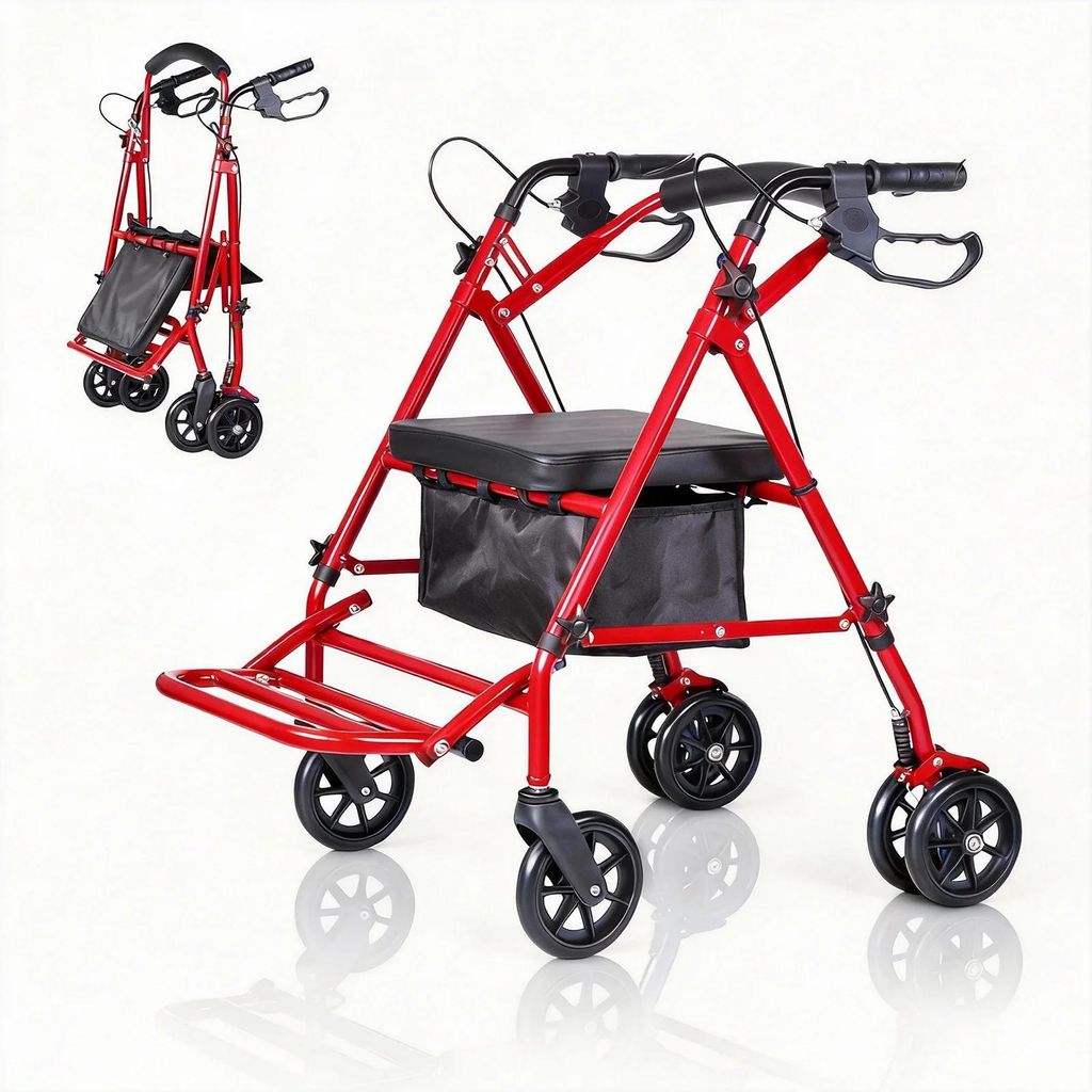Mobilitätshilfe - 2-in-1 Rollator/Transportstuhl - Faltbar - Stauraum unter dem Sitz - Gebremste Räder - Höhenverstellbar - Rot