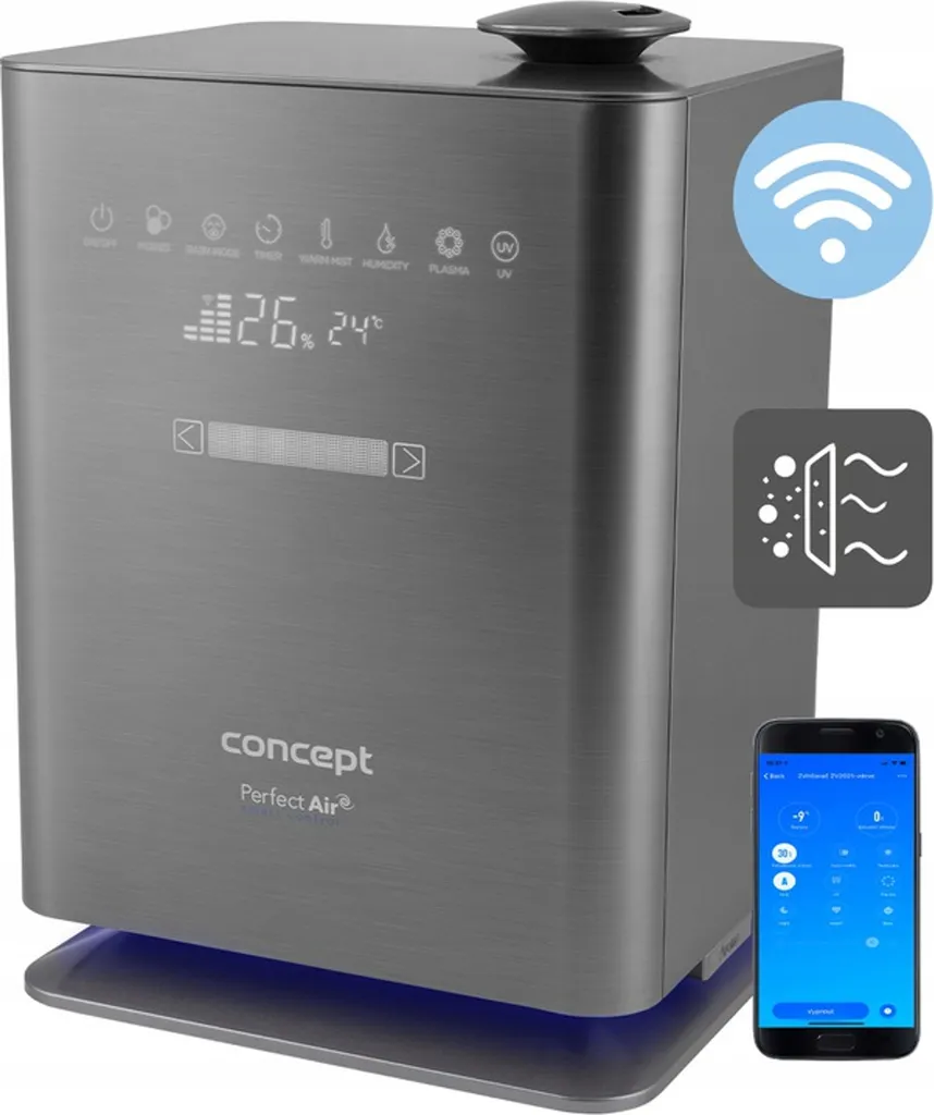 Humidificateur d'air Wi-Fi 50m2 avec Lampe UV-C et Display LED Blanc