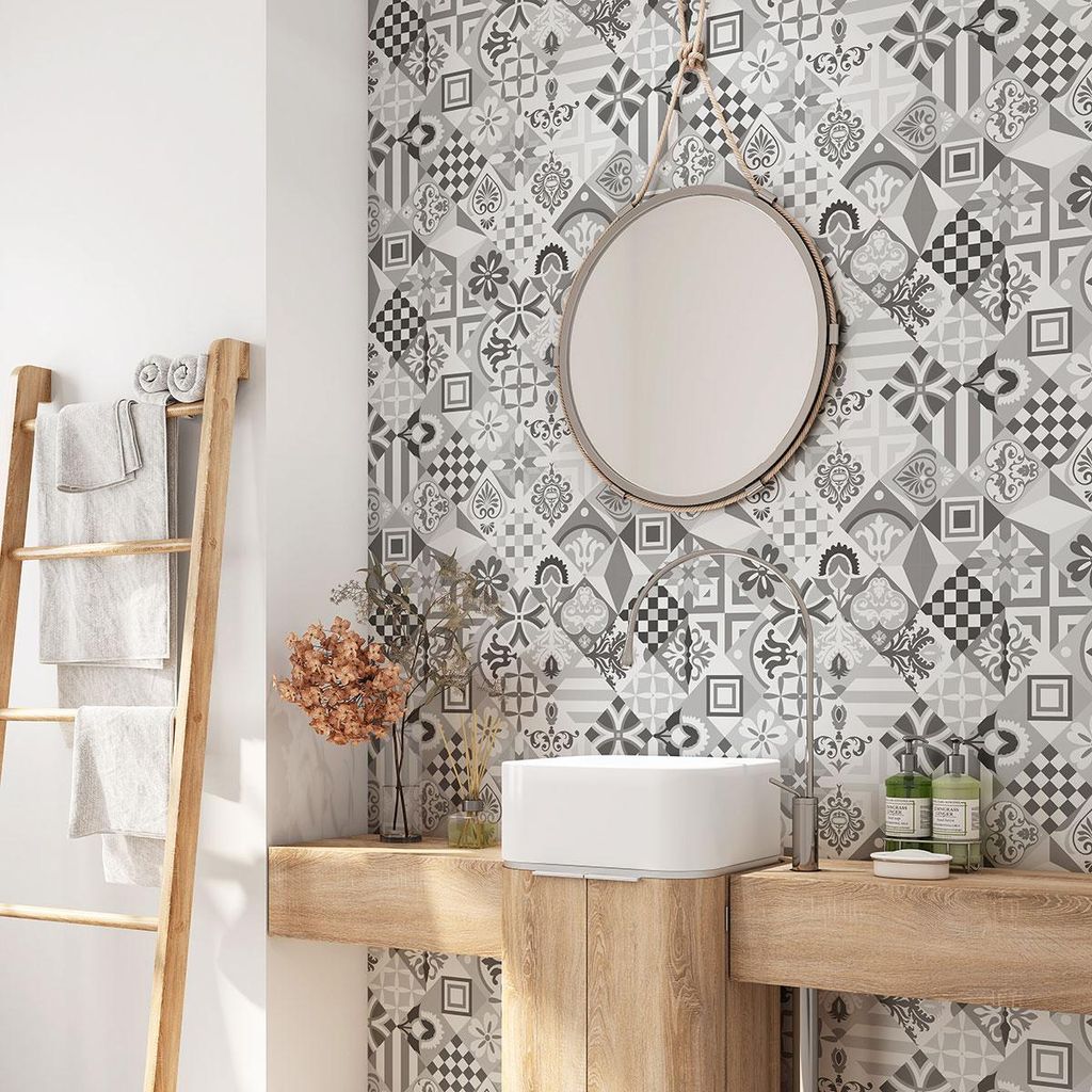 Klebefolie für Badezimmer - Lumaléa - Zementfliesenmuster - Klebefolie + GLANZ-Schutz - 90 x 90 cm