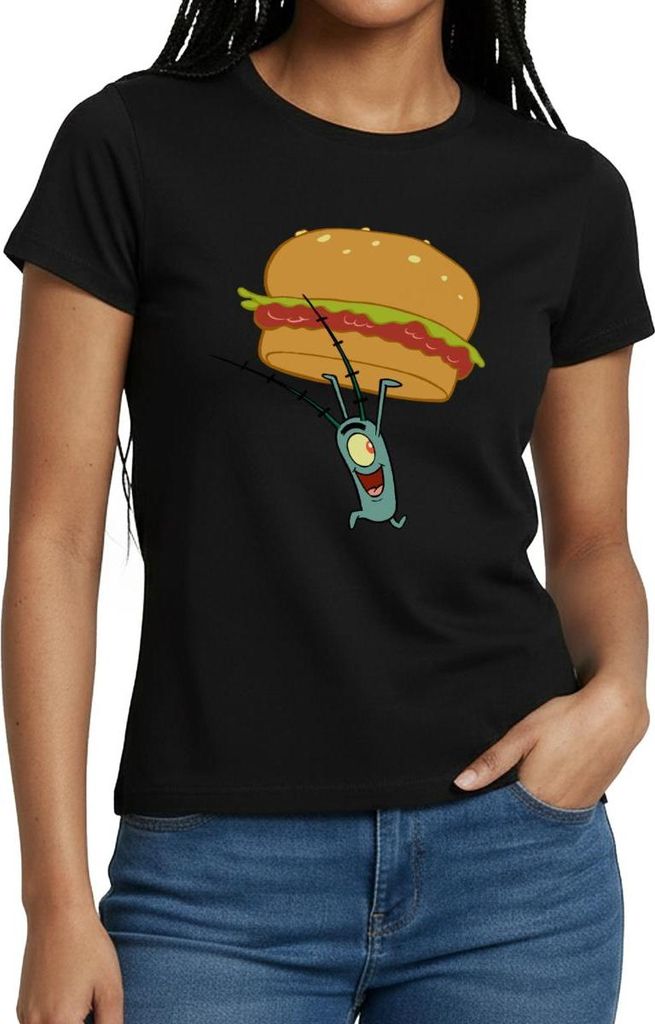 Spreadshirt Spongebob Schwammkopf Plankton Mit Hamburger Frauen T-Shirt, M, Schwarz