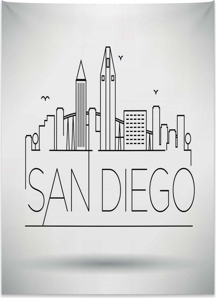 Abakuhaus San Diego Wandteppich, Typografische City Skyline aus Weiches Mikrofaser Stoff Kein Verblassen Klare Farben Waschbar, 110 x 150 cm, Schwa...