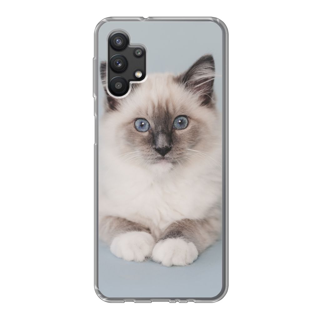 MuchoWow Handyhülle Schutzhülle Hülle für Samsung Galaxy A32 5G Katze - Ragdoll Katze - Blau - Mädchen - Kinder - Jungen - Kind Silikon Soft...