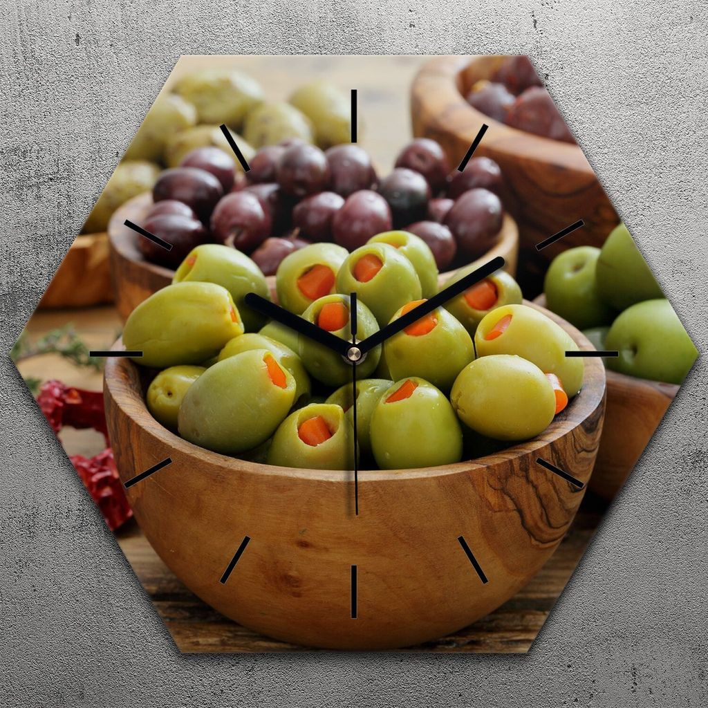Uhr hexagonal 40 cm Glas Geräuschlos schwarze Zeiger - Oliven Motive