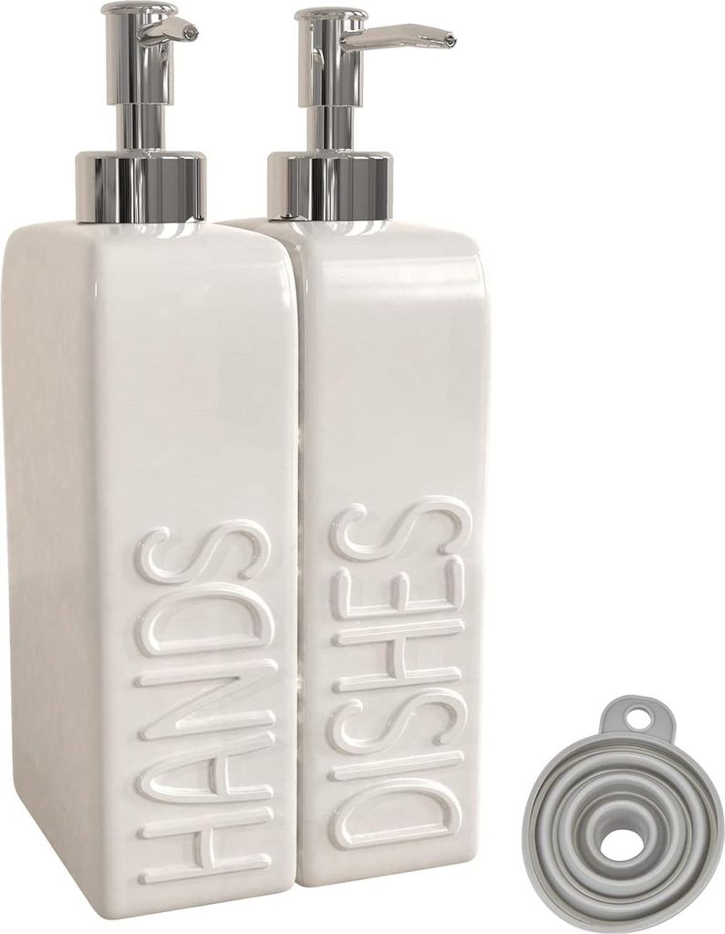 Seifenspender-Set mit Trichter und rutschfesten Pads - geeignet für Küche und Badezimmer - 2 Stück - matt weiß - keramisch