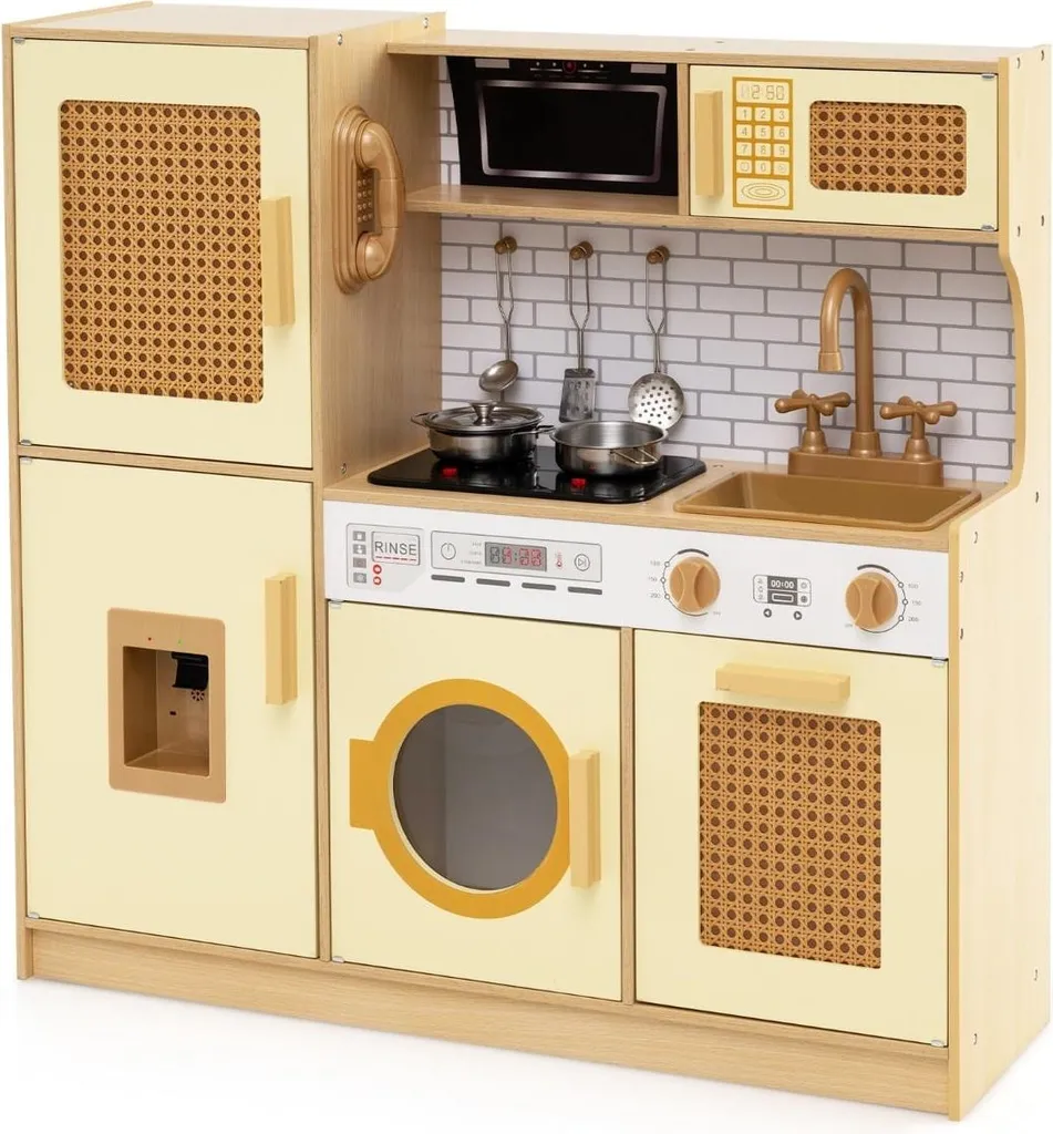Cuisine de jeu en bois rotin avec effets sonores et lumineux - Modèle XL