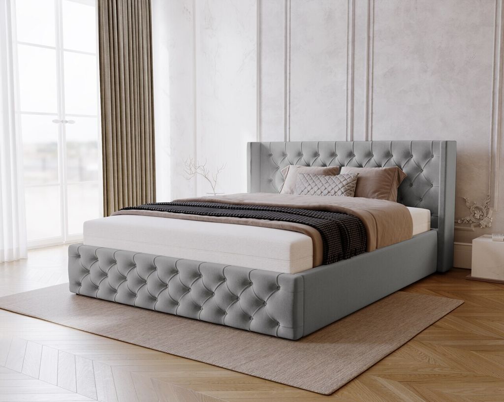 Doppelbett 140x200 Rolia, Chesterfield, Glamour stil - Polsterbett 140 x 200 mit Bettkasten, Lattenrost - Samt Hellgrau