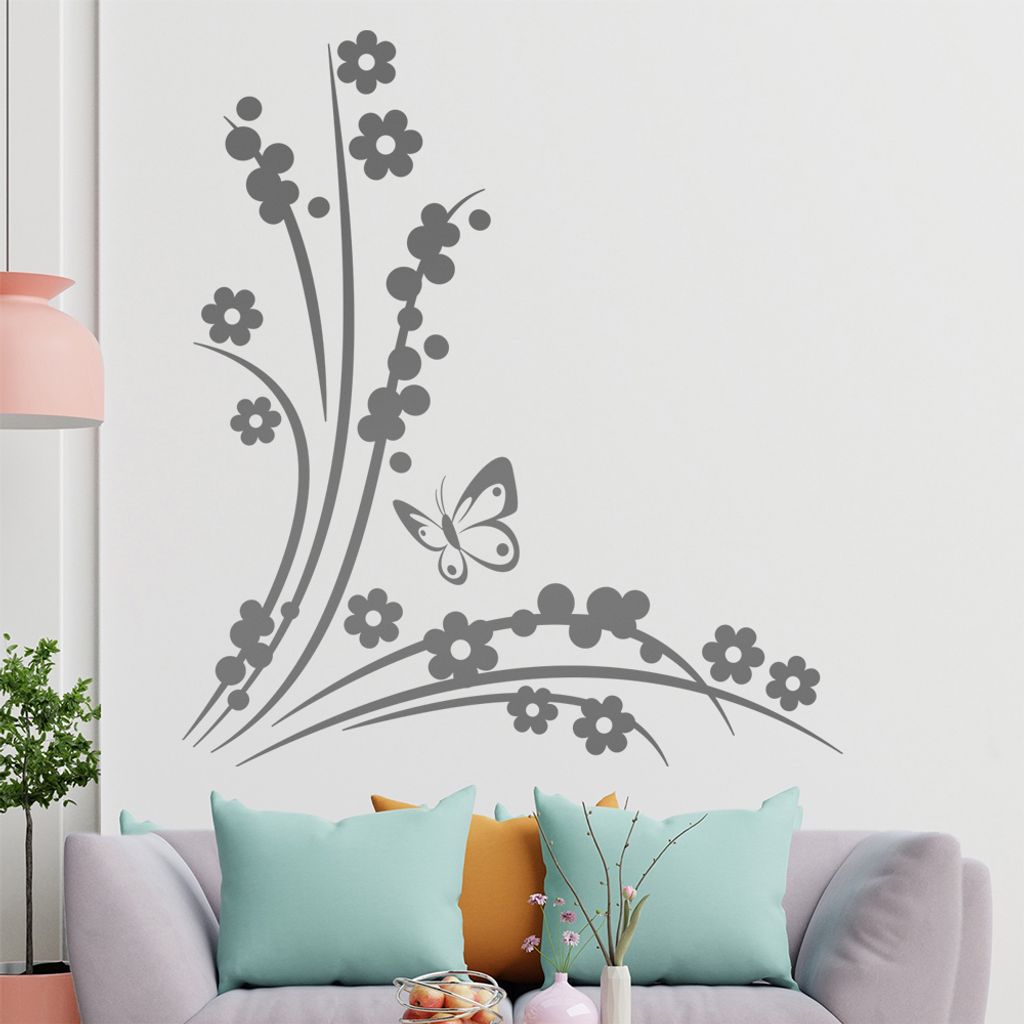 Blüten - Beeren - Schmetterling Wandtattoo in 6 Größen - Wandaufkleber Wall Sticker - Dekoration, Küche, Wohnzimmer, Schlafzimmer, Badezimmer