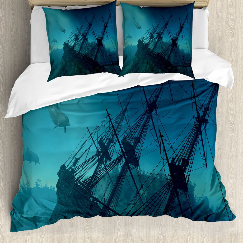 ABAKUHAUS Nautisch Bettbezug, Dolphins Schiff Sea, Milbensicher Allergiker geeignet mit Kissenbezügen, 155 cm x 220 cm - 80 x 80 cm, Schiefer-Blau...