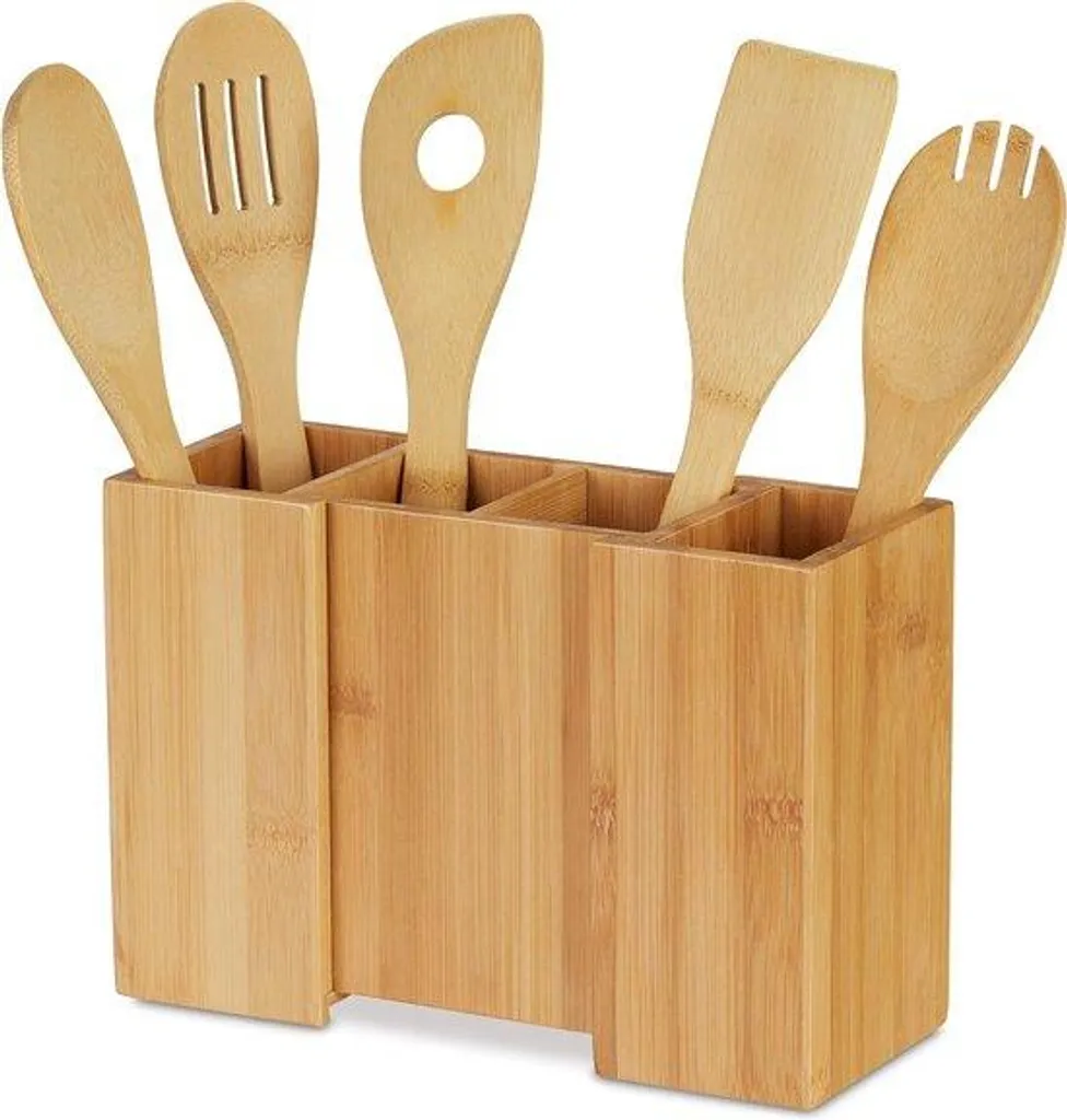 Set de 5 cuillères de cuisine en bambou avec porte-couverts extensible