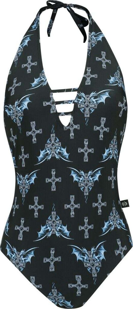Gothicana by EMP Damen schwarzer Badeanzug mit blauen Drachen S