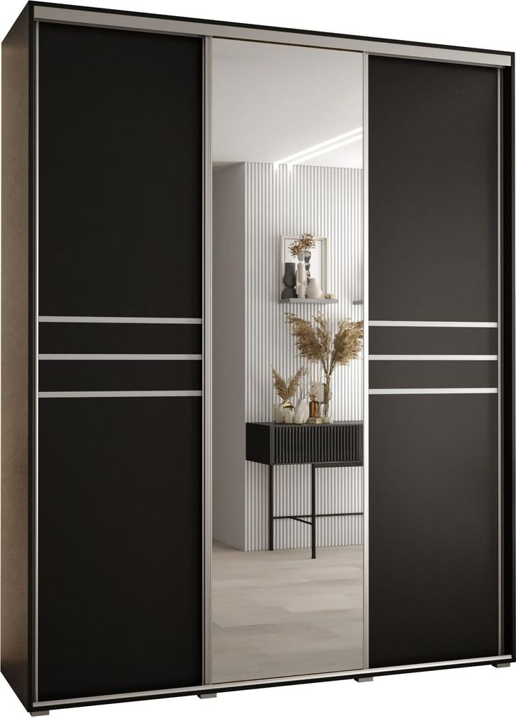MEBLE KRYSPOL Cannes 11 Schrank mit 3 Schiebetüren - 205,2x200x60 cm - Schwarz Schwarz Silber
