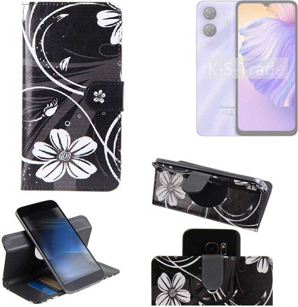 K-S-Trade Schutzhülle Handyhülle kompatibel mit Ulefone Note 21 Hülle 360° Wallet Case “Flowers“ Klapphülle Hülle schwarz-weiß 1x