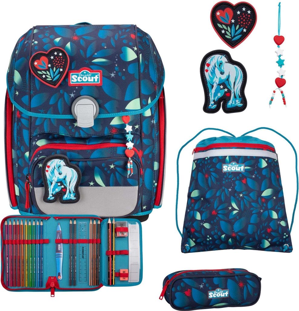 A collection of school supplies including a backpack, pencil case, and drawstring bag, all featuring a blue floral pattern with a unicorn motif.