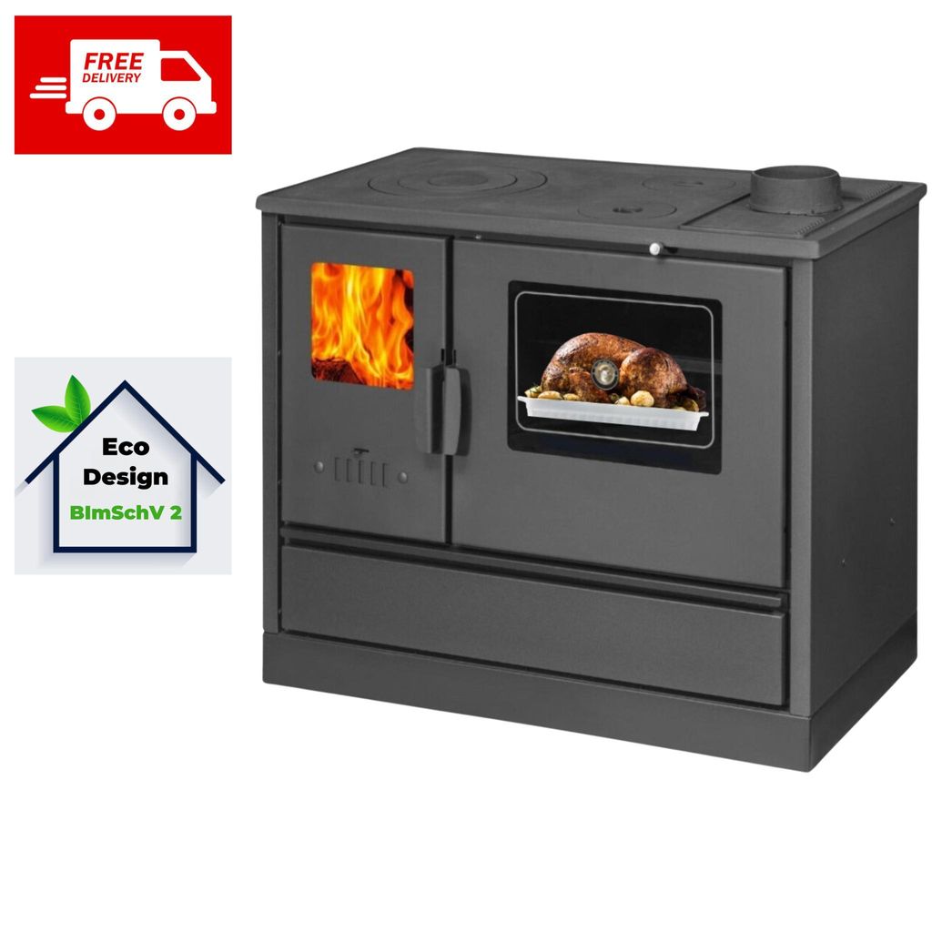 A black wood-burning stove with a roasting chicken visible in the oven.